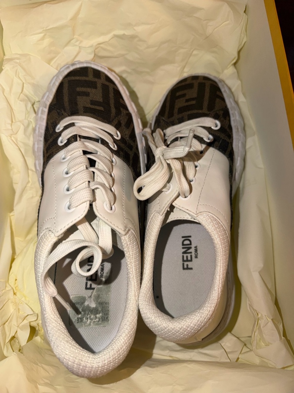 Fendi Brown Zucca Canvas and White Leather Low-Top Sneakers
